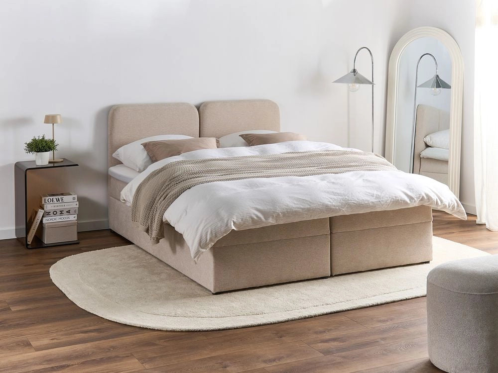 Letto matrimoniale con contenitore rivestito in tessuto beige chiaro 160 x 200 cm contenitore sollevabile con testiera idrorepellente