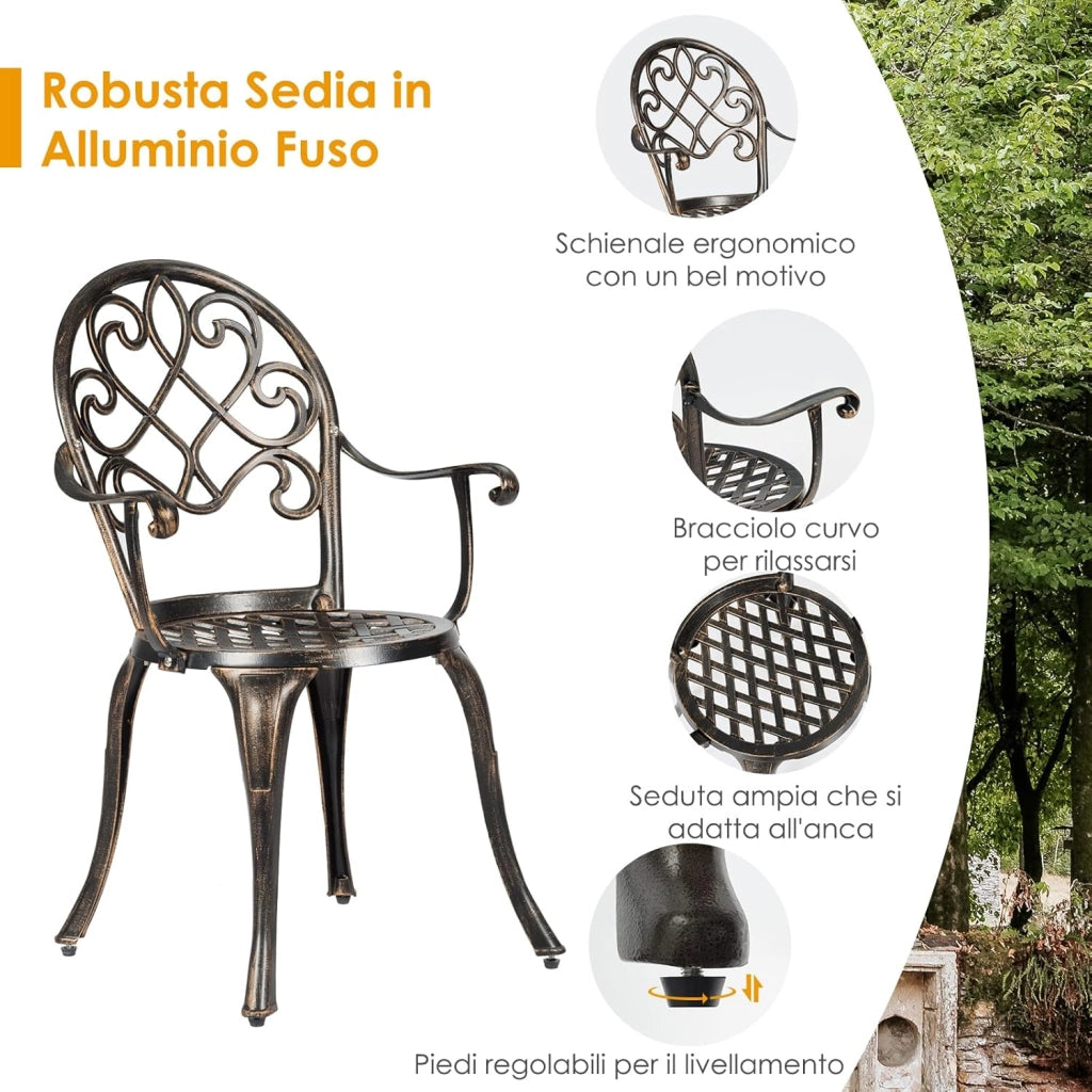 Tavolo Rotondo e 2 Sedie, con Secchio di Ghiaccio, Set Mobili 3 Pezzo da Giardino in Fusione di Alluminio, Stile Antichi, Resistente Alle Intemperie (Bronzo Antico)