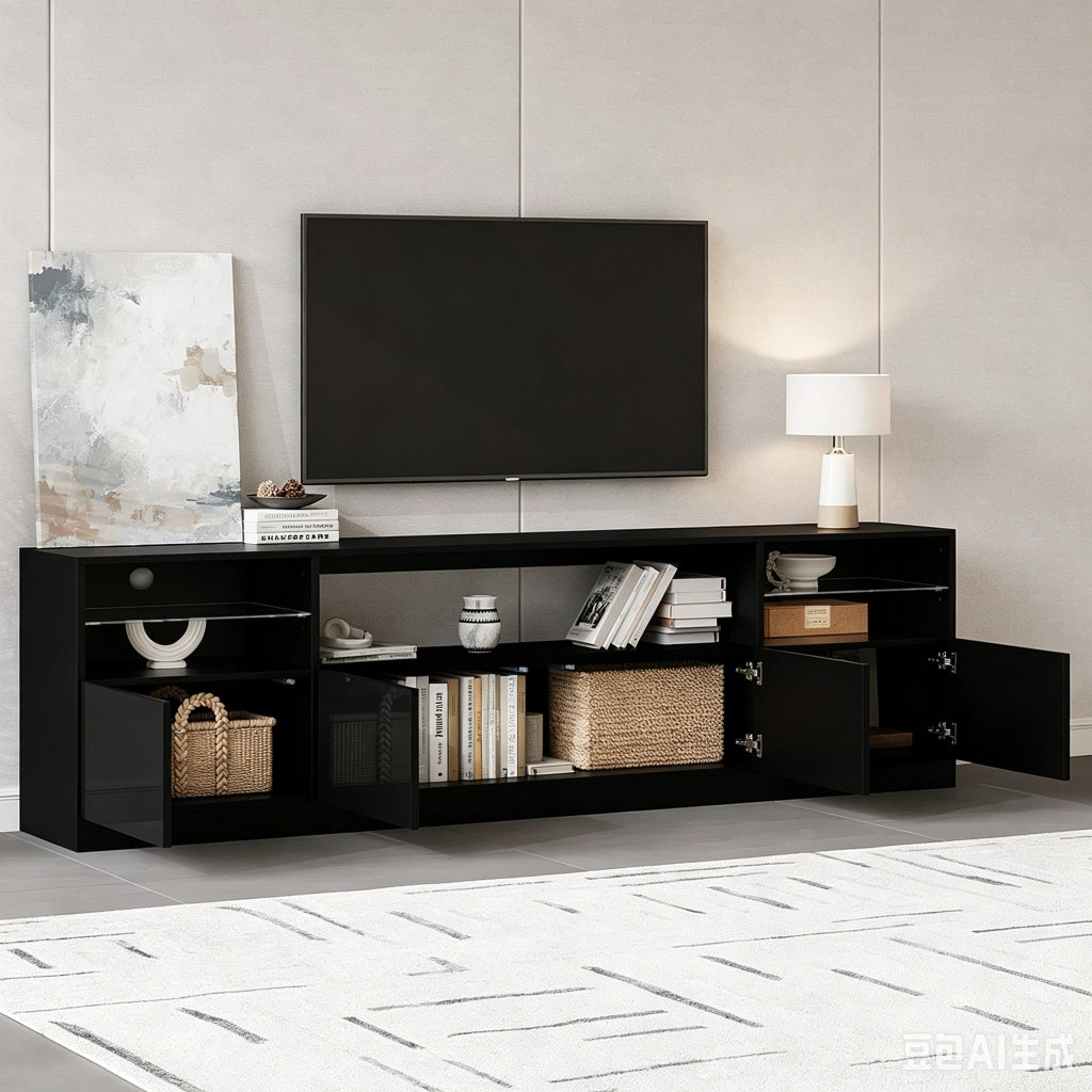 Cassettiera TV nera lucida in truciolare lunga 180 cm