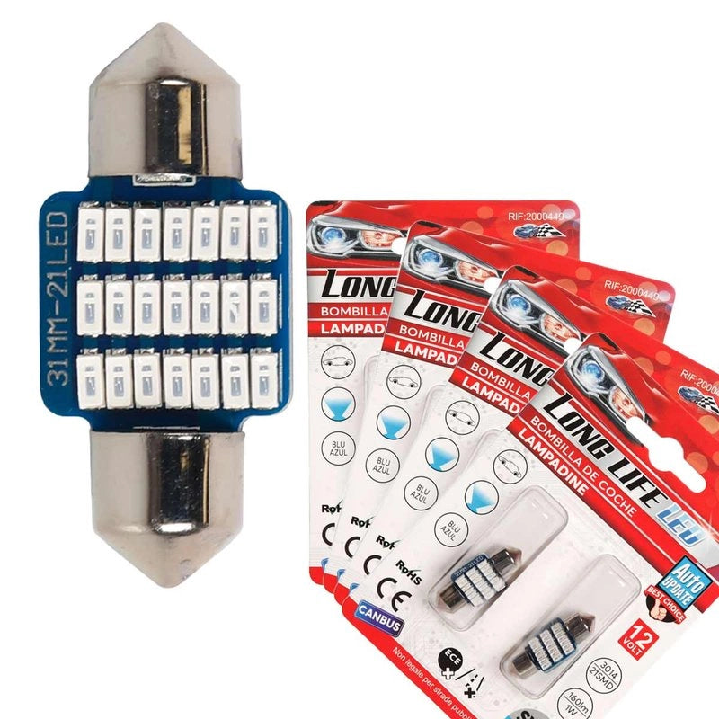8 Pezzi Lampada Led Siluro 31mm Canbus T11 SV8.5 C5W C10W 21 SMD 3014 12V 1W 160lm Luce Colore Blu