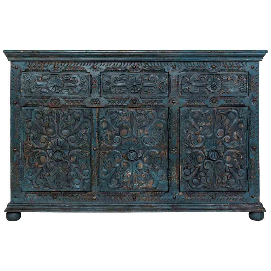 Credenza artigianale in legno, blu, 147x45x96h cm