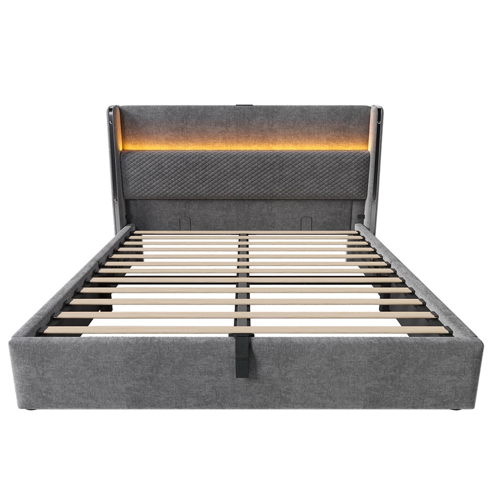 Letto Matrimoniale Moderno 140x200cm - Xylo - Testiera Alta Idraulica LED e USB, Tessuto Lino Grigio