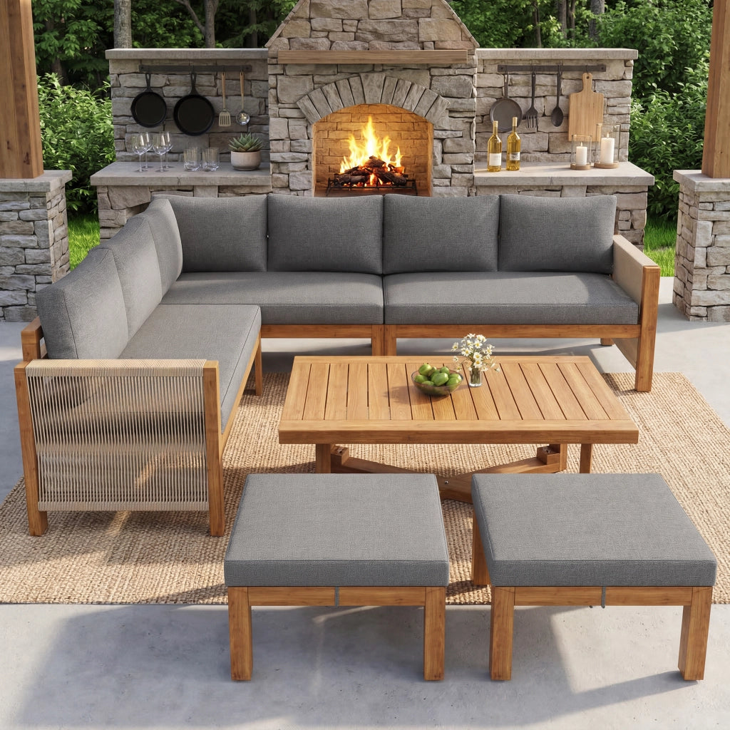 Set di mobili modulari da giardino in legno di acacia divano angolare 6 posti con cuscini 2 sgabelli e tavolo in legno di acacia traspirante e antischizzi per terrazza e giardino