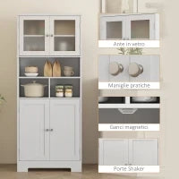 Credenza Cucina con 2 Armadietti e 3 Vani Aperti, Ante a Vetro e Ripiani Regolabili, 60x30x145.5 cm, Bianco