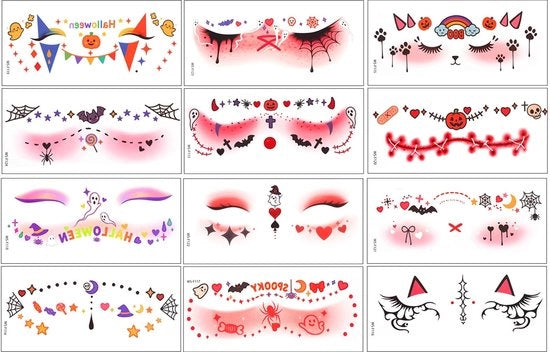 Tatuaggi per il viso 12 pz - Adesivi make-up acqua resistenti - Tatuaggi temporanei - Unisex per bambini e adulti - Decorazione per Halloween - 16x7cm
