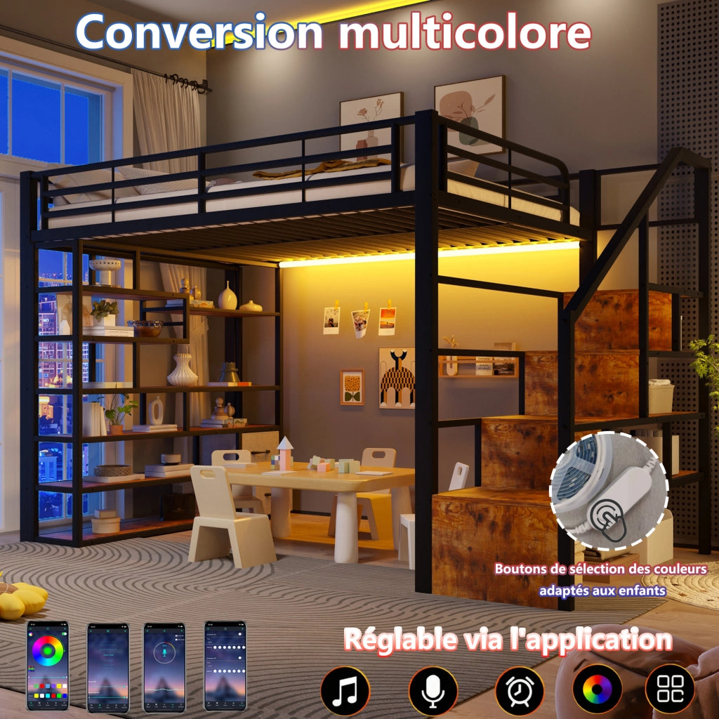 Letto a soppalco 140x200 cm con cassetti in tessuto; LED; ripiani e gradini integrati; metallo nero