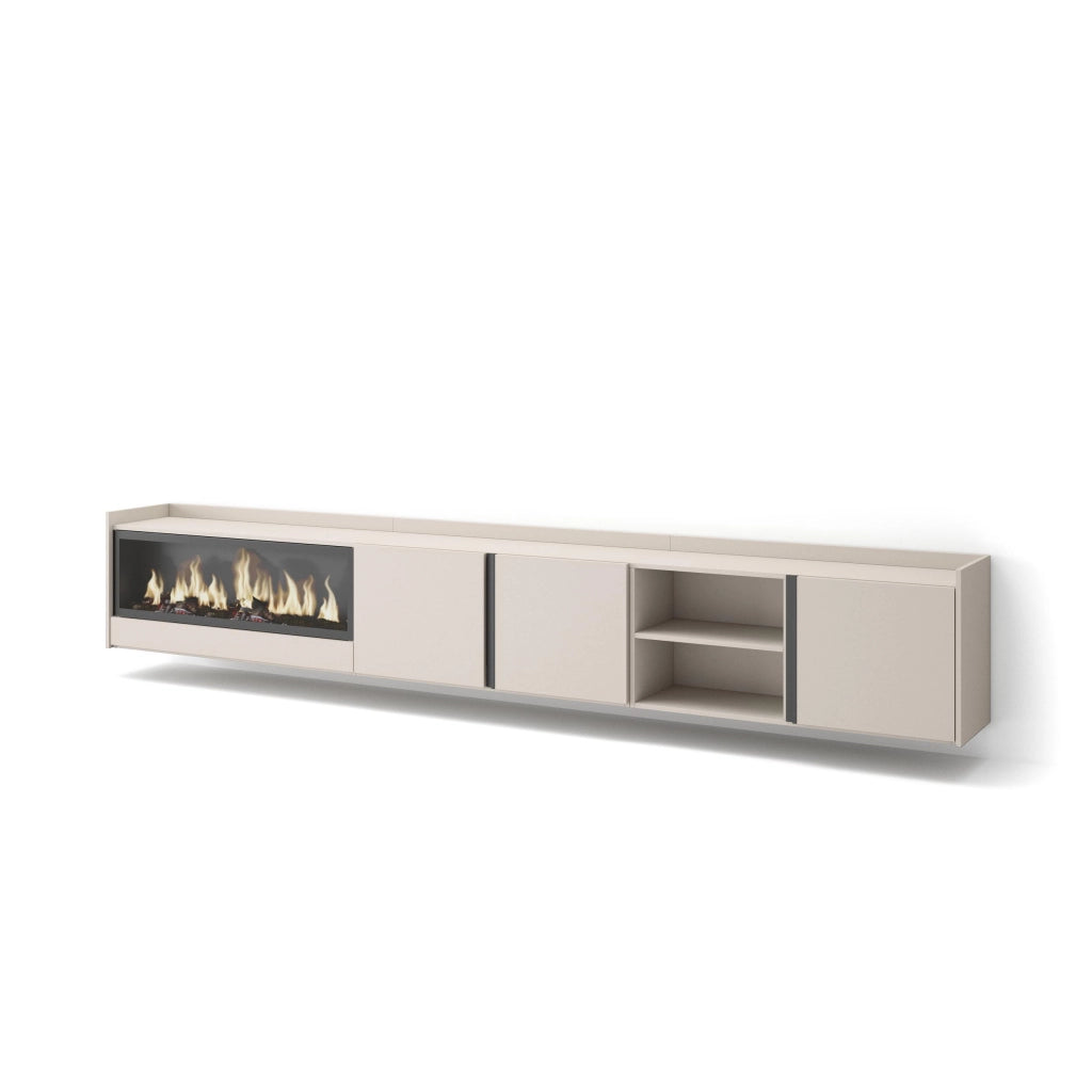 Mobile TV Soggiorno, 315x50x35 cm, Per TV fino a 80", Camino elettrico XXL, Sospeso, da appendere, Beige