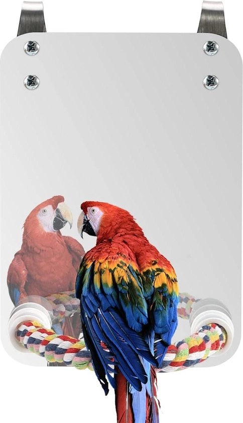 Specchio per uccelli con barre di corda e vetro acrilico per parrocchetti grigi, valpaccetti e pappagalli nani.
