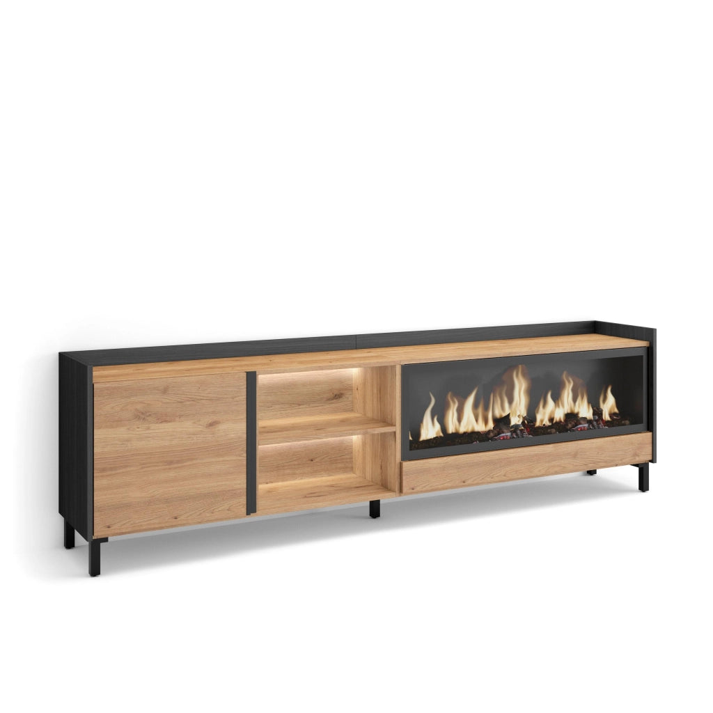 Mobile TV Soggiorno, 212x61x35 cm, Per TV fino a 80", Camino elettrico XXL, Design industriale, LED, Rovere e nero
