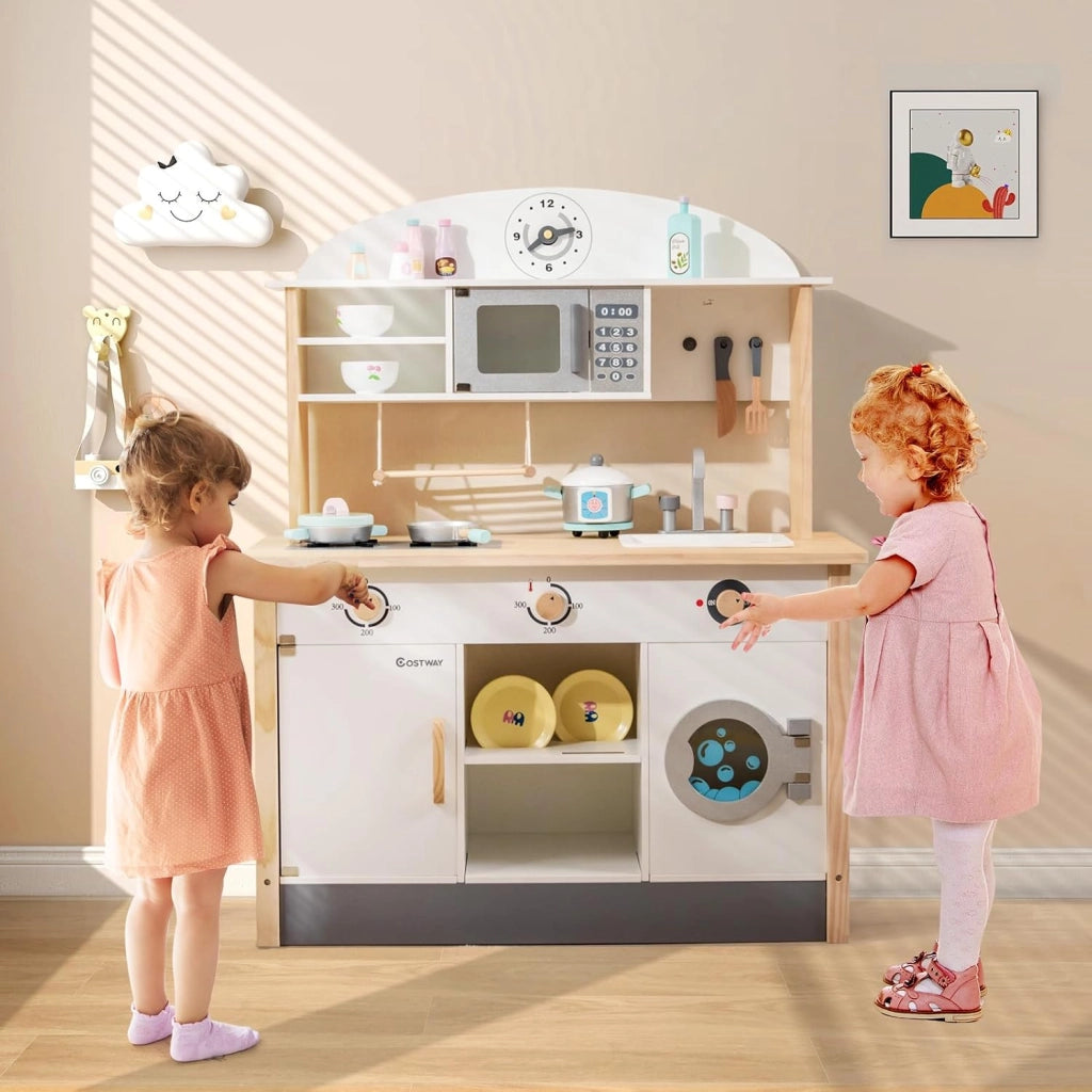 Cucina Giocattolo per Bambini in Legno, Set da Cucina per Bambini con Forno a Microonde, Accessori Vari per Cucinare, per Bambini 3 Anni +, TM-70, Bianco
