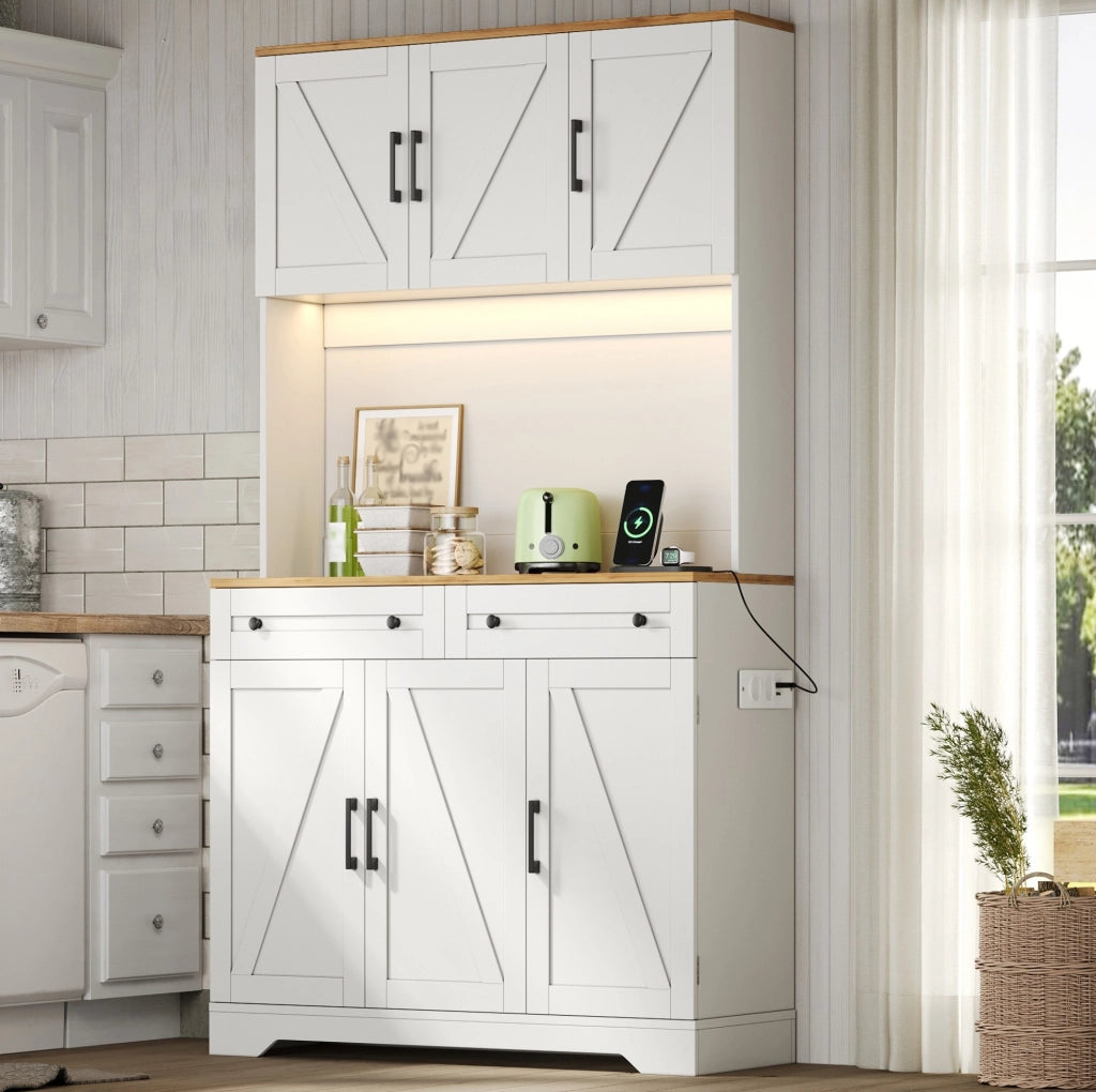 Mobile da cucina 100x40x180 cm con LED RGB; prese USB e 2 cassetti in MDF naturale e bianco