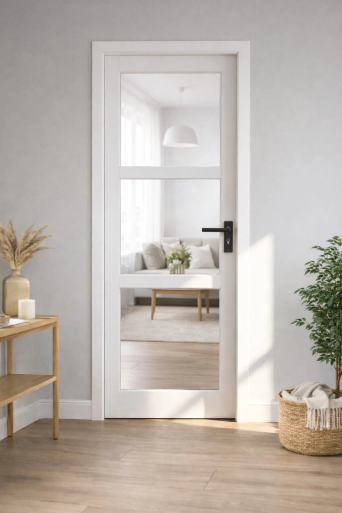 Blocco Porta Kenya Vetro Bianco Trasparente H204 x L73 Pannello Nervatura Spinta Sinistra + Maniglia
