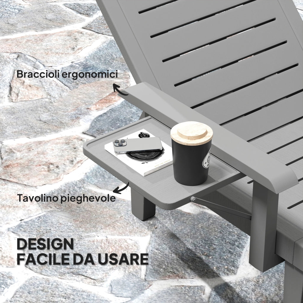 Set 2 Sdraio da Giardino Regolabili con Tavolino e Braccioli, in Polipropilene, 79x158x88 cm, Grigio Scuro
