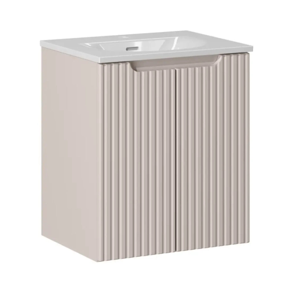 Insieme VANO cachemire e bianco 50cm: mobile sottolavabo con ante a scanalature verticali + lavabo incassato bianco