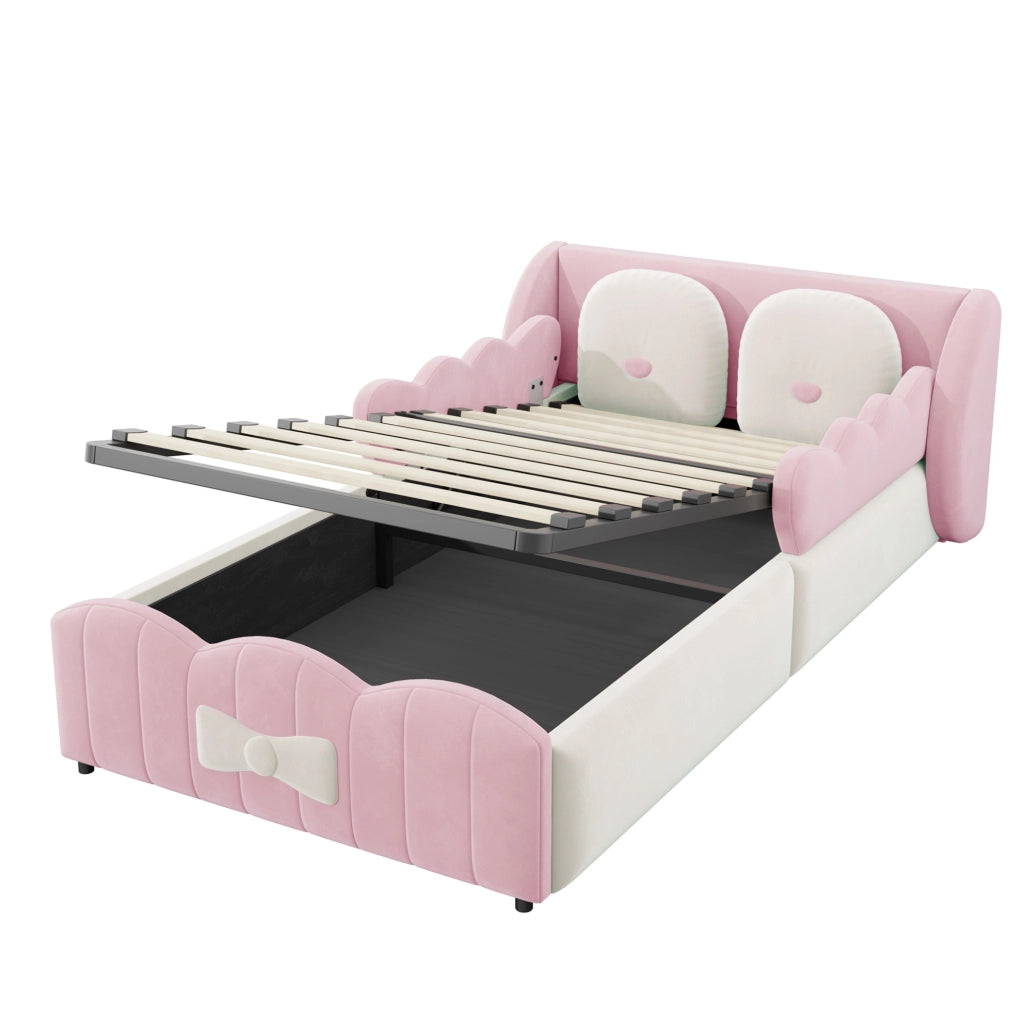 Letto singolo imbottito per bambini 90x200 cm in velluto rosa con contenitore idraulico
