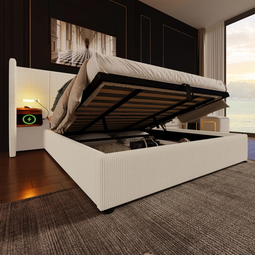 Letto Contenitore Letto Matrimoniale 180 x 200 cm con Mensola; Lampada da Lettura; USB e Type-C; senza Materasso