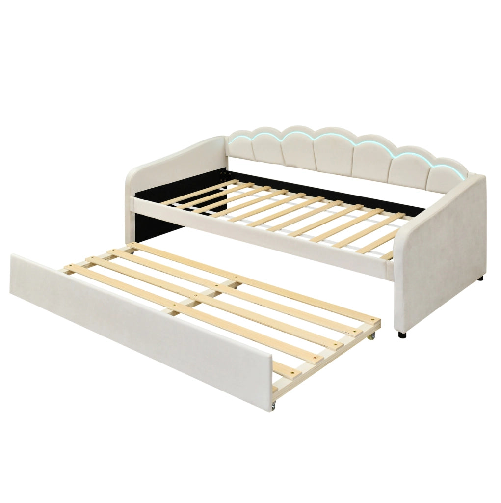 Divano letto 90x200 cm con letto estraibile e luci LED; velluto; beige (Senza materasso)