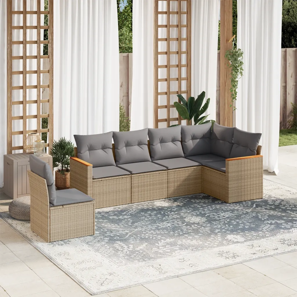 Set Divano da Giardino 6 pz con Cuscini Beige in Polyrattan
