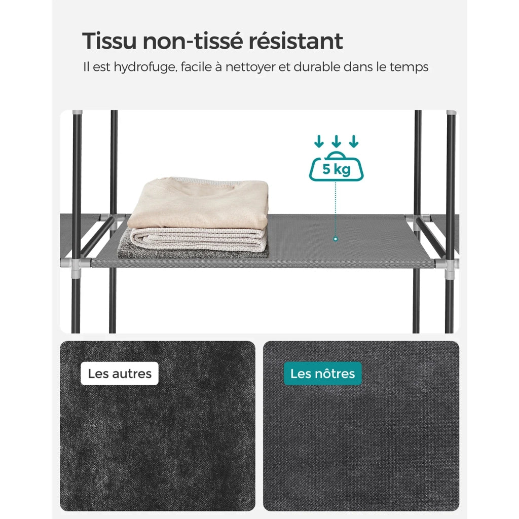 Armadio da camera in tessuto appendiabiti 45 x 127 x 176 cm 2 scomparti appendiabiti con ripiani 4 tasche grande capacità camera da letto/soggiorno grigio 12_0003966