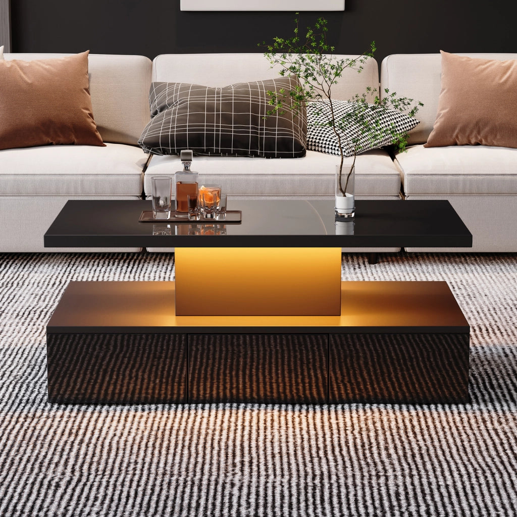 Tavolino da caffè LED nero con cassetto e ripiano, 100x50x39 cm