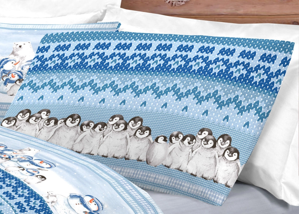 Completo Lenzuola Letto Pensieri Delicati 100% Cotone Dis. Inverno Polare - Singolo - Blu
