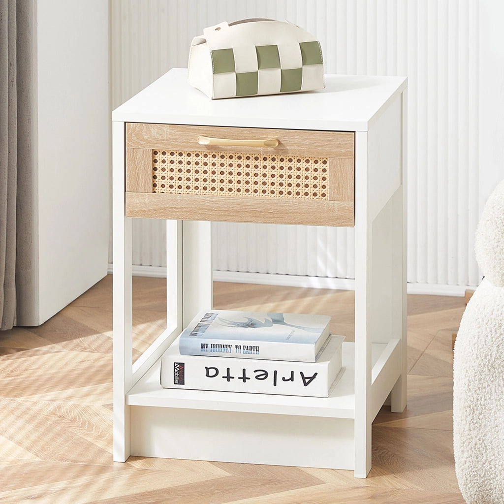 Comodino in rattan con cassetto per camera da letto e soggiorno in MDF naturale e bianco 40 × 40 × 55 cm