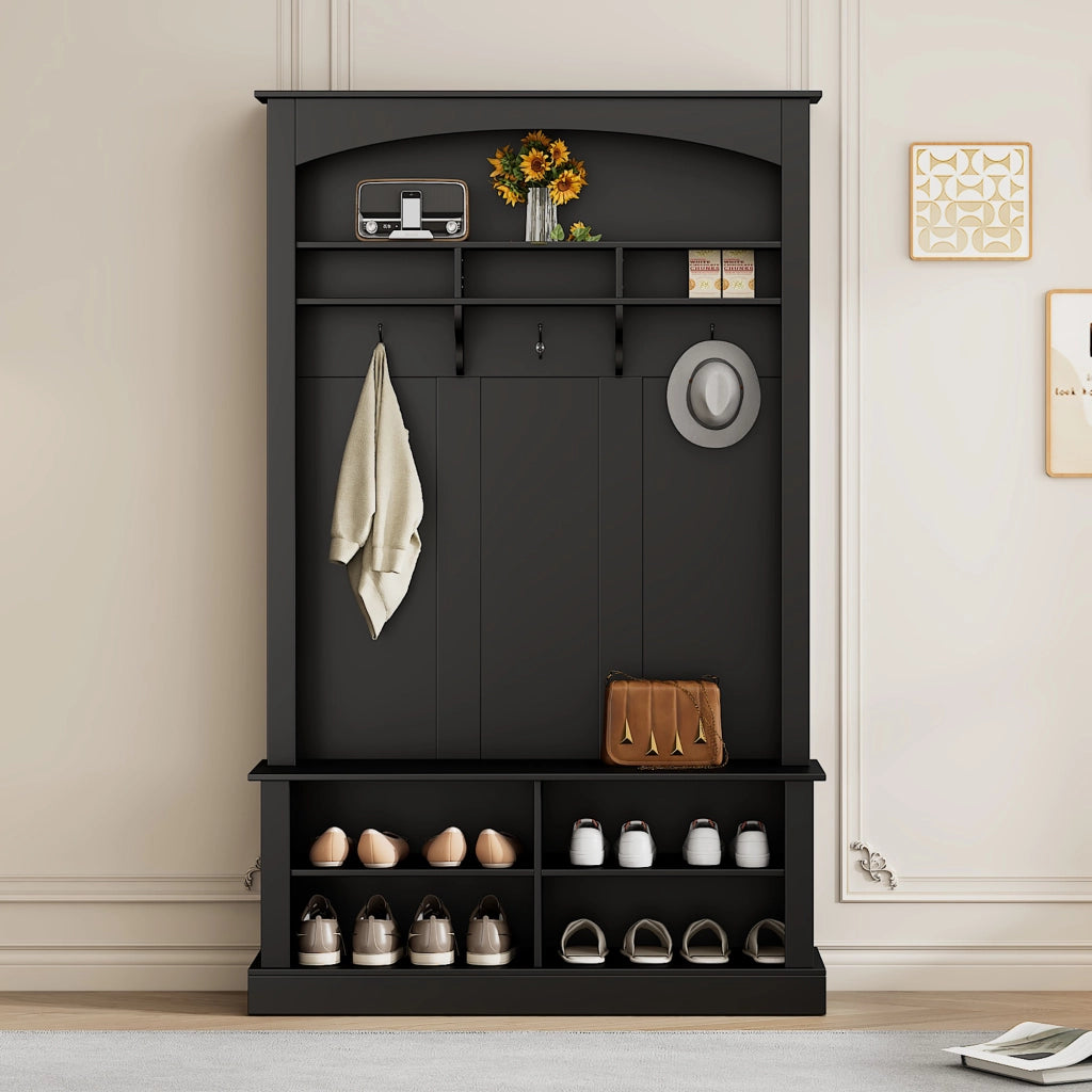 OKWISH Mobile da ingresso con panca, 3 ganci, 4 ripiani aperti e 2 ripiani regolabili, nero, 120×40×190 cm