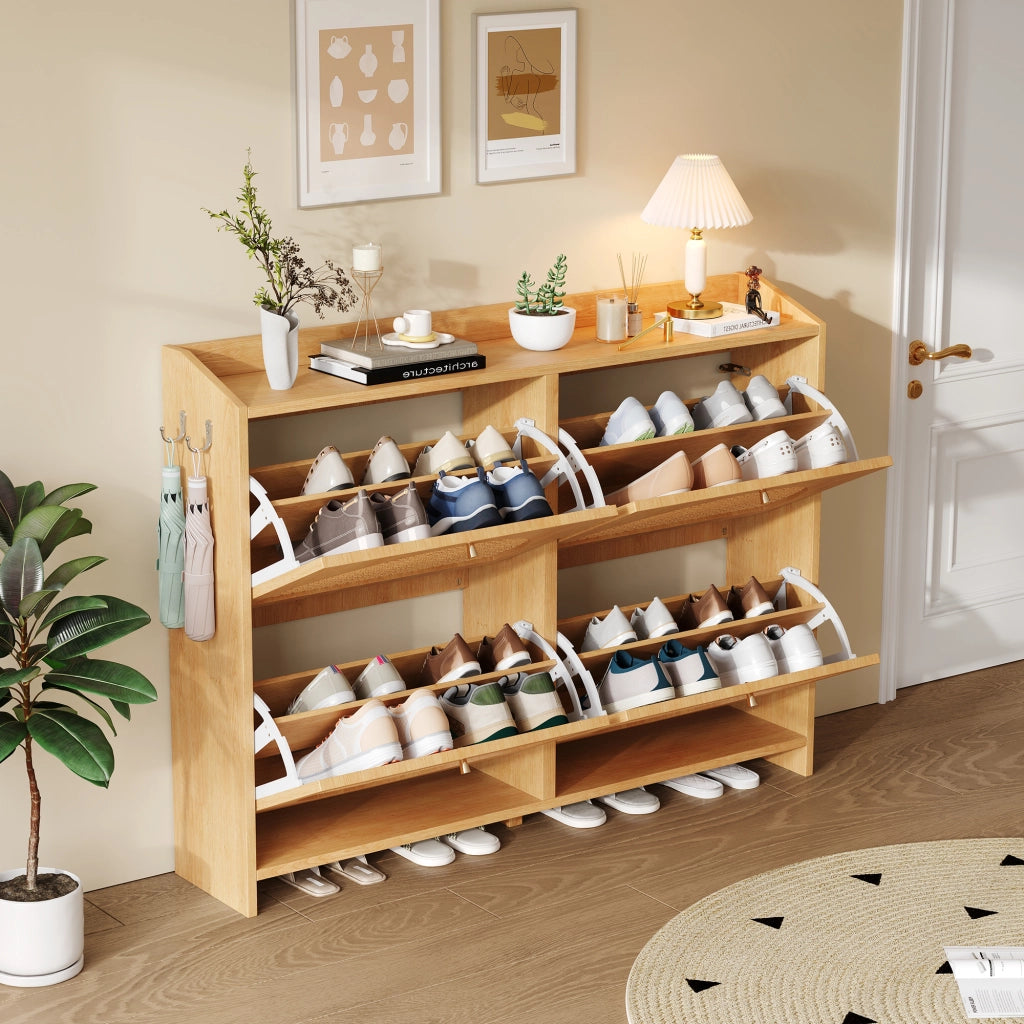 Scarpiera con 4 ante e 8 vani; 2 ganci - per ingresso - 120×24×90 cm - MDF - naturale