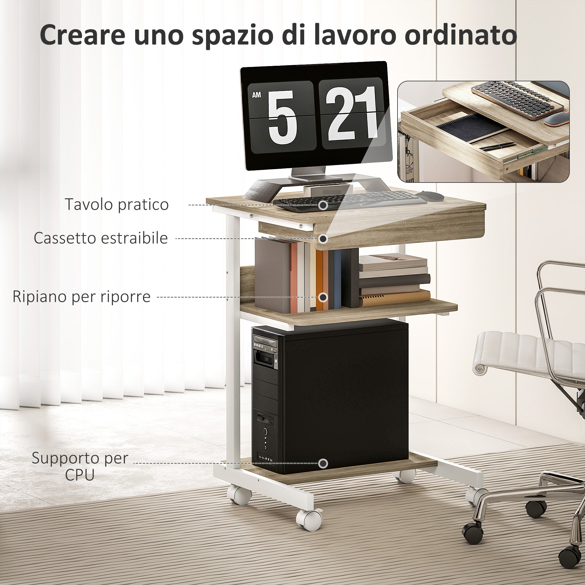 Scrivania Moderna Salvaspazio 56x51x79 cm con Cassetto Scorrevole e Ruote in Legno Ingegnerizzato e Metallo Bianco e