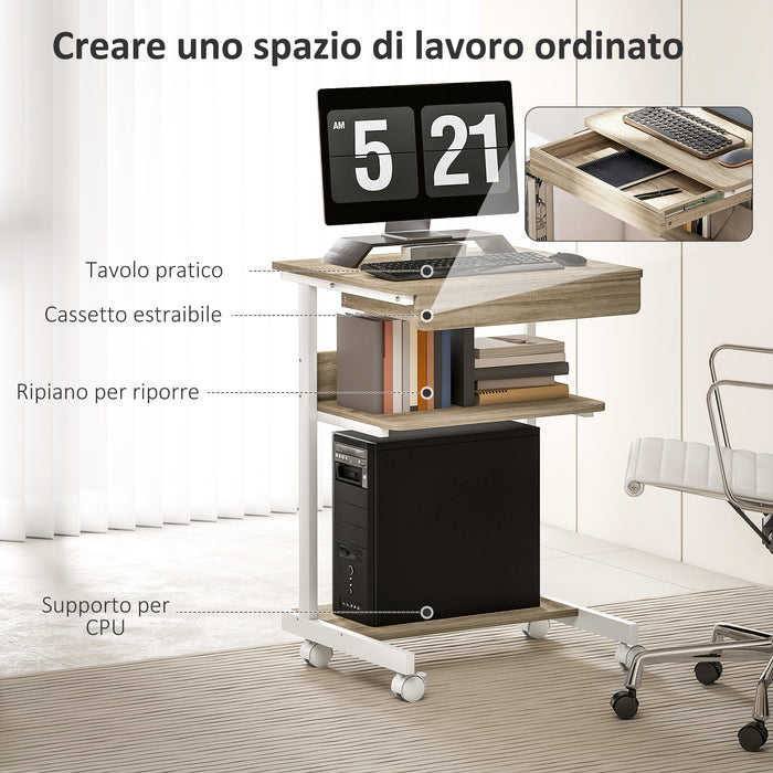 Scrivania Moderna Salvaspazio 56x51x79 cm con Cassetto Scorrevole e Ruote in Legno Ingegnerizzato e Metallo Bianco e