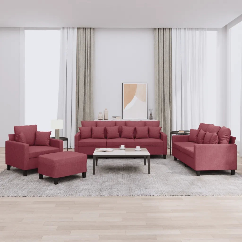 Set di Divani 4 pz con Cuscini Rosso Vino in Tessuto
