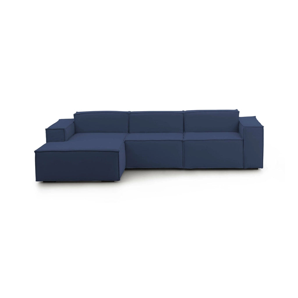 Divano fisso Alganibra, Divano componibile a 3 posti con penisola sinistra, Made in Italy, SofÒ  moderno in tessuto, Cm 300x170h70, Blu