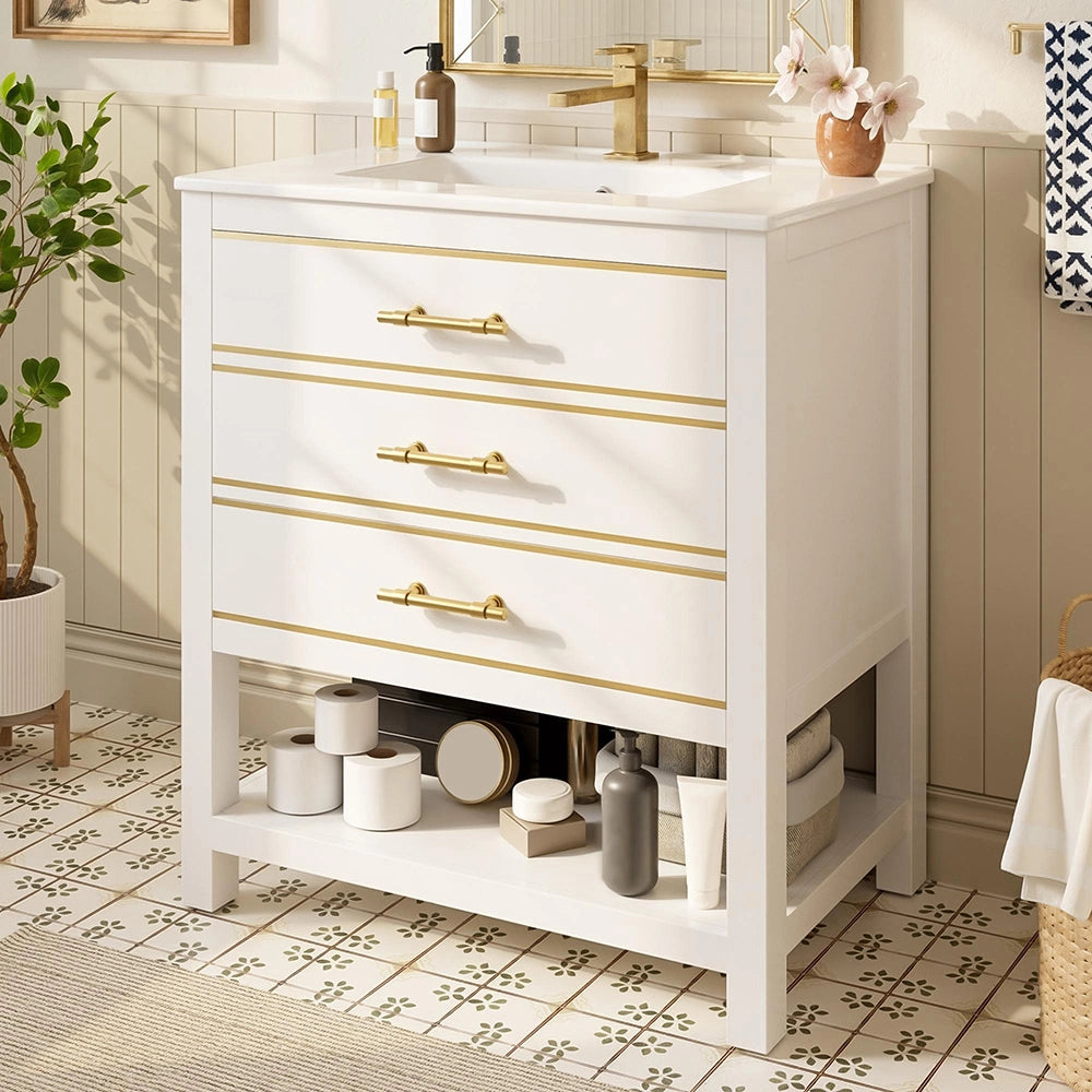 Mobile sotto lavabo in ceramica - Xylo - Bianco, 2 cassetti, maniglie dorate