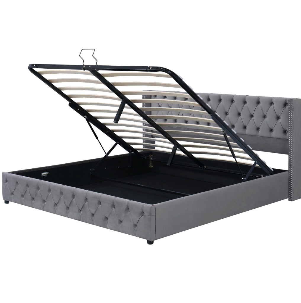 Letto imbottito 140x200 cm con contenitore; rete a doghe; velluto grigio