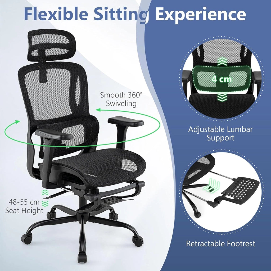 Sedia da ufficio girevole con 5 ruote, schienale reclinabile e altezza regolabile, poggiapiedi retrattile, supporto lombare e poggiatesta, sedia da gaming in rete ergonomica (nero)
