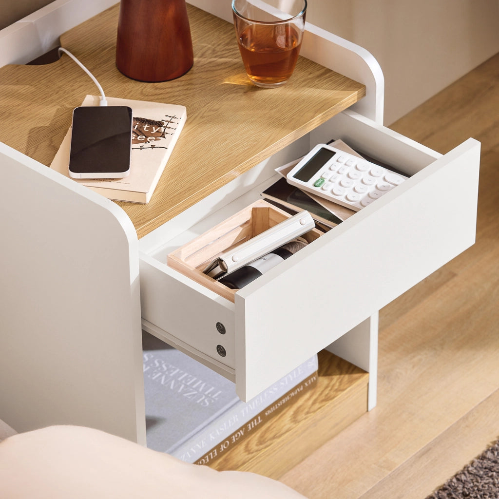 SoBuy Comodino per letto Tavolino stretto Tavolo telefono Bianco e Naturale 45x40x55cm FBT128-WN