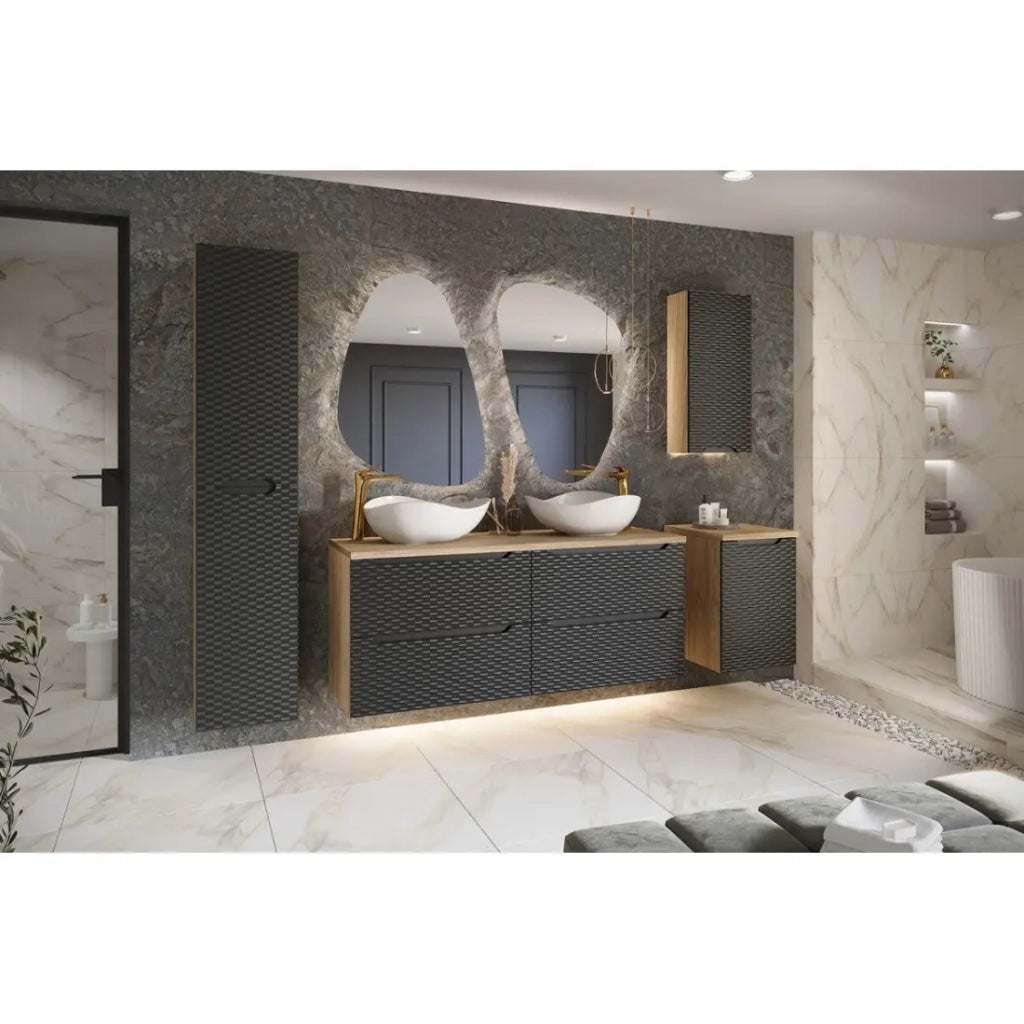 Mobile sottolavabo YOKA – 2 cassetti – Rovere chiaro e nero – L80 × P46 × H57 cm – Da appendere