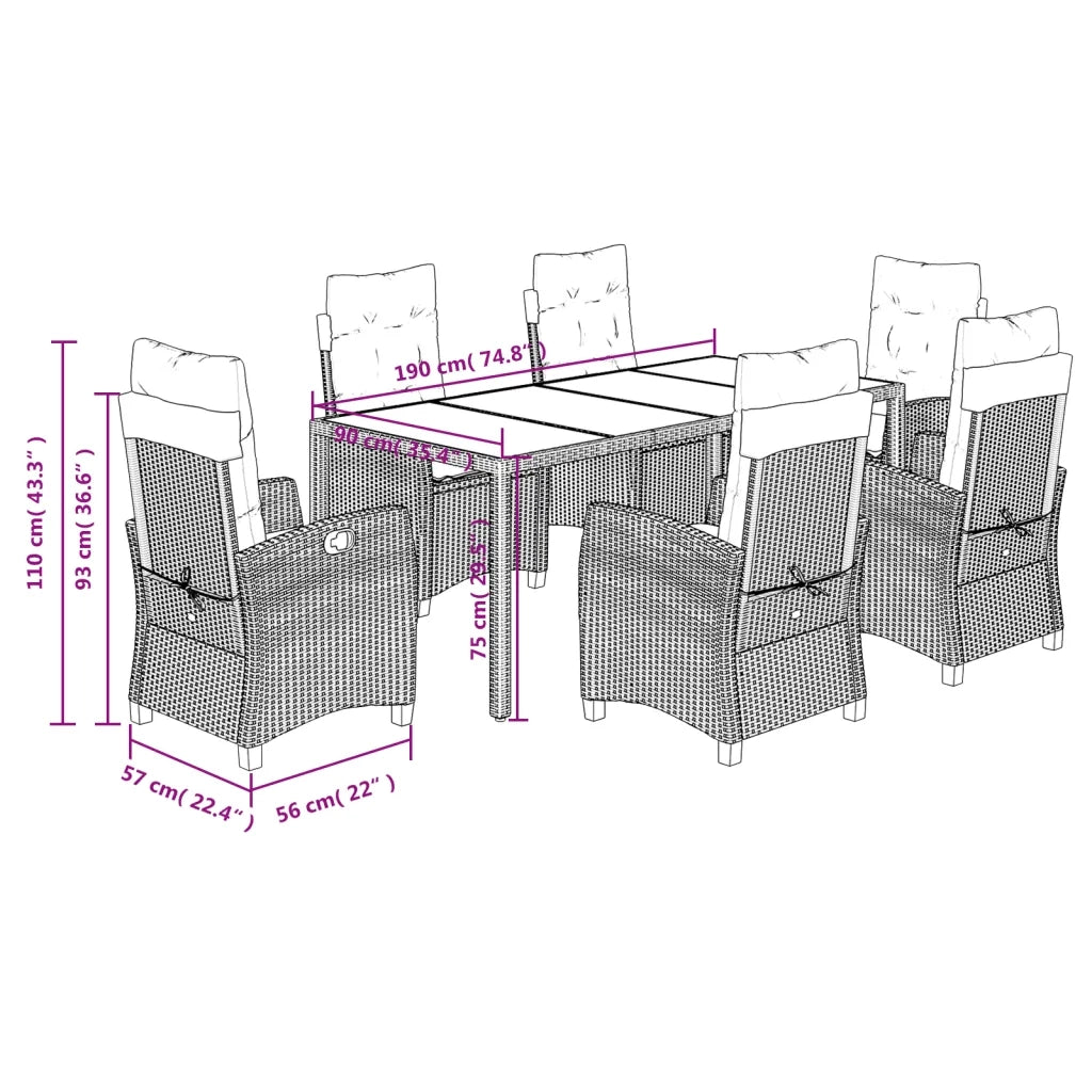 Set da Pranzo da Giardino 7 pz con Cuscini in Polyrattan Grigio