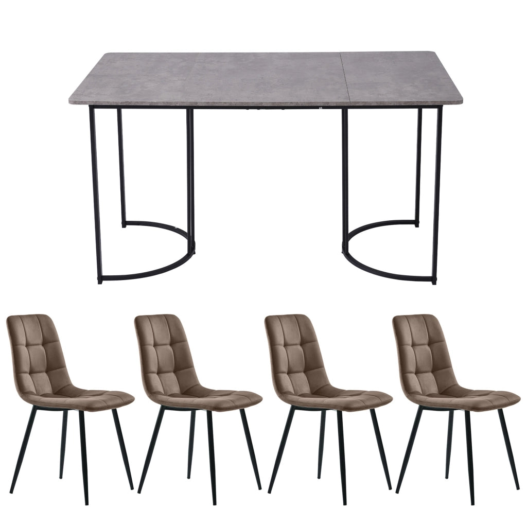 Tavolo da pranzo per 4 persone con 4 sedie, piano in MDF effetto marmo e gambe in metallo, grigio, 140 × 80 cm