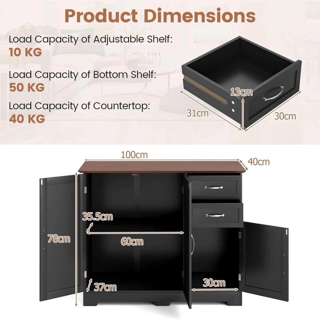 Madia Soggiorno Moderna, Credenza Cucina Isola, Armadietto a Buffet con 2 Cassetti e Ripiano Regolabile,Mobiletto Armadietto Multiuso per Soggiorno, Cucina, Ufficio，100x40x78 cm (Nero)