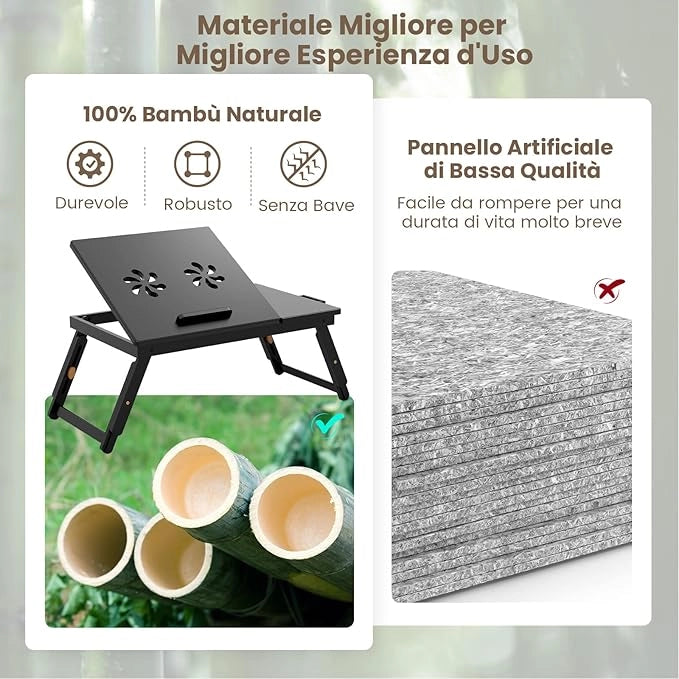Vassoio per Laptop con Gambe Regolabili e Piano di Dissipazione Termica Inclinabile, Tavolino da Letto Pieghevole con Cassetto Portaoggetti per Leggere, Scrivere e Mangiare (Marrone)
