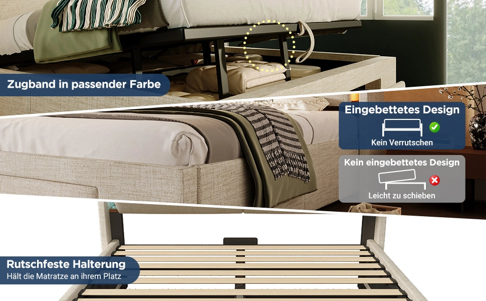DESMIU Letto contenitore 160 × 200 cm 2 posti con LED, USB e USB-C, senza materasso, in lino, beige