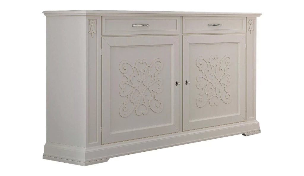 Credenza classica decoro legno 2 porte shabby bianco 184x50x106 - Mobili 2G