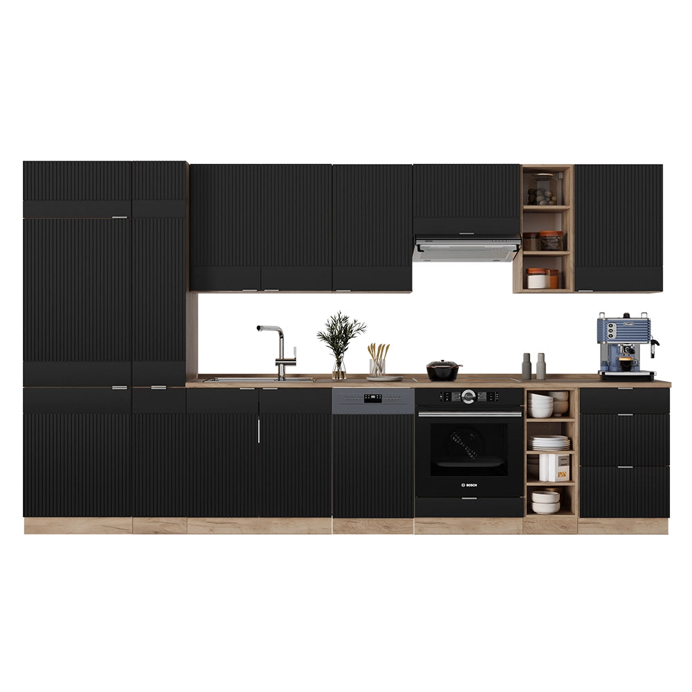 Cucina componibile Fame-Line Nero rigato/Rovere dorato 355 cm, PL Marmo Vicco