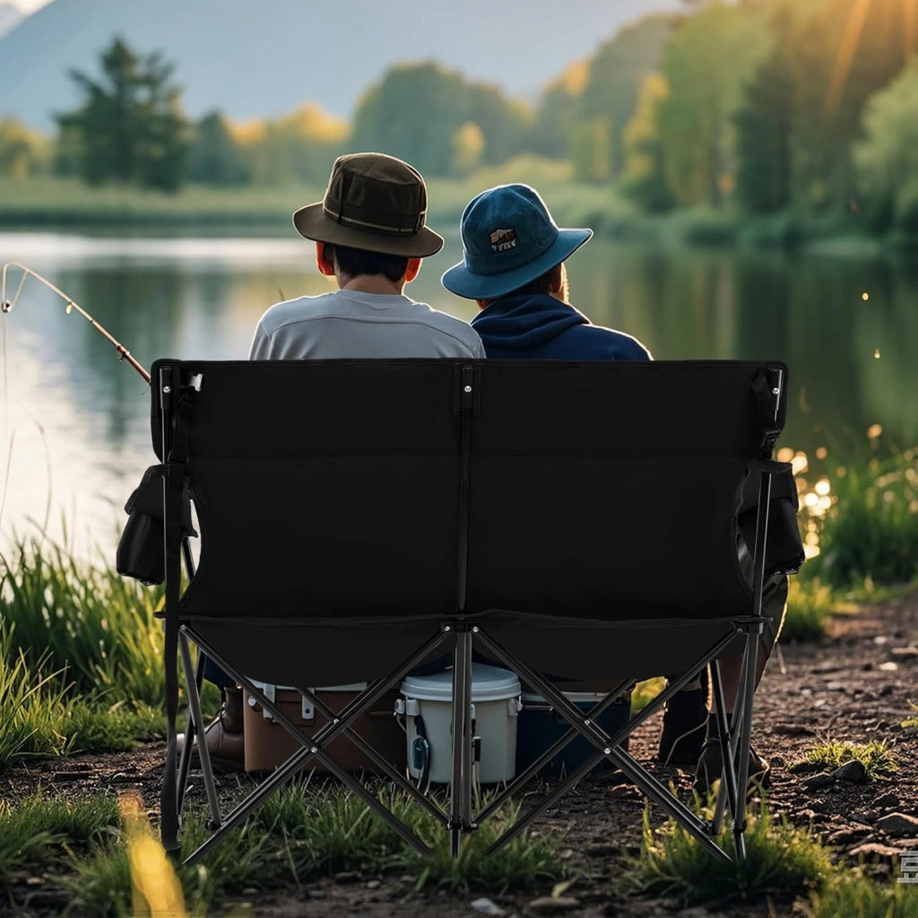 Sedia da Campeggio Doppia, Poltrona Pieghevole per 2 Persone con Portabicchieri, Borsa per il Trasporto, Sedia da Giardino Portatile per Spiaggia, Picnic, Pesca, Portata 300 kg (Nero)