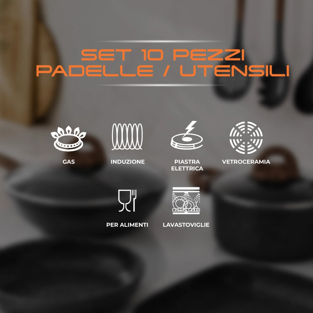 Set Pentole e Padelle Antiaderenti Induzione 10 Pezzi Marble con Wok Bistecchiera Casseruola Padella e Utensili Cucina Compatibile Gas Vetroceramica Piano Elettrico