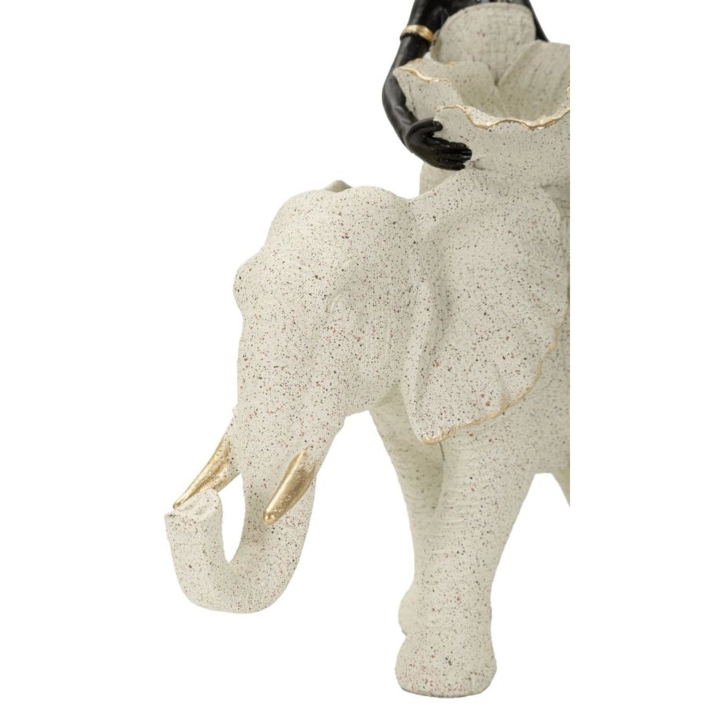 Scultura decorativa etnica donna su elefante in poliresina