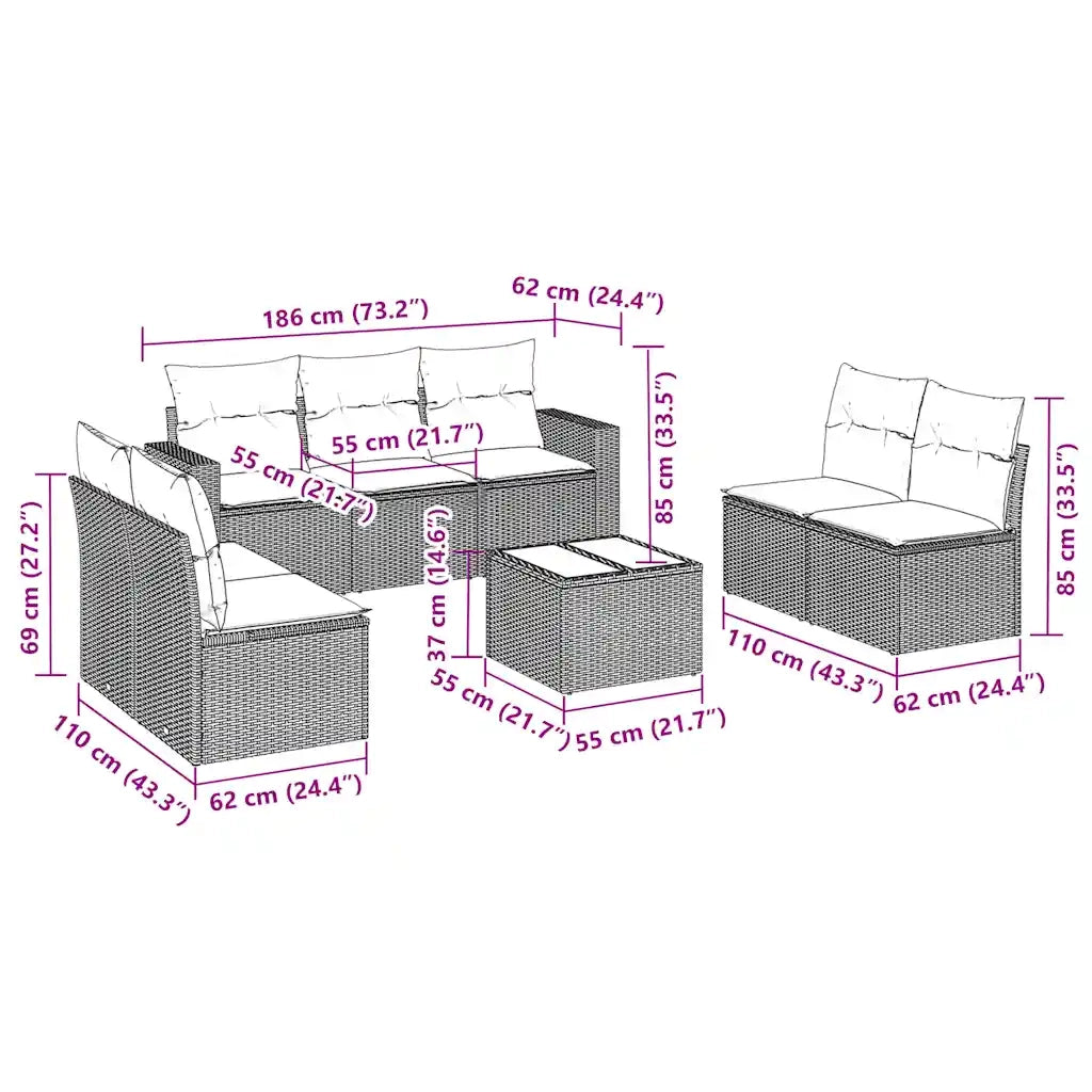 Set Divani da Giardino con Cuscini 8 pz Nero in Polyrattan