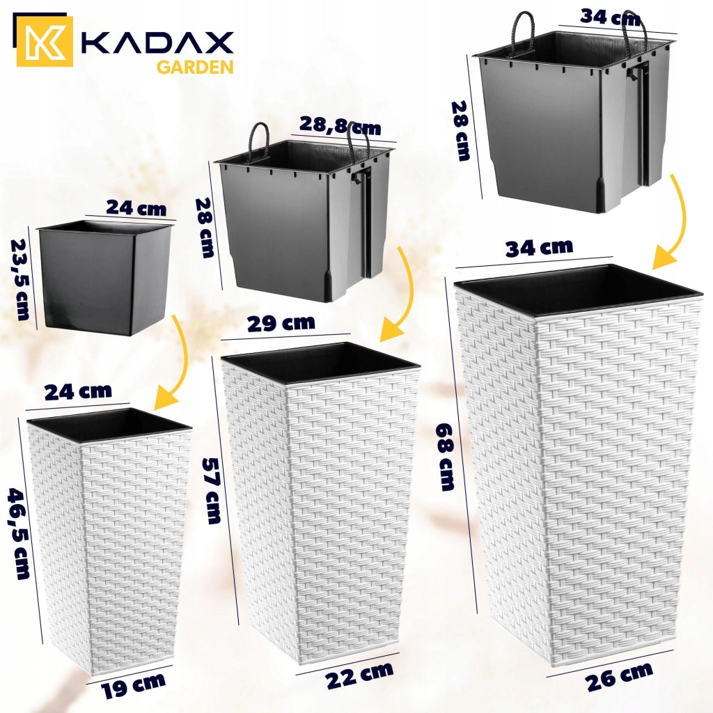 Set di 3 vasi da fiori KADAX, vasi da giardino + inserti, alti, grandi, bianchi, 47+57+68 cm