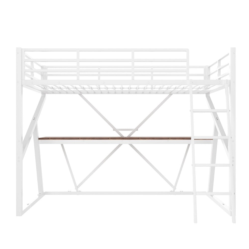 Letto a Soppalco con Scrivania, Scaletta e LED ¨C MINIMAL ¨C 90x200, Metallo, Bianco